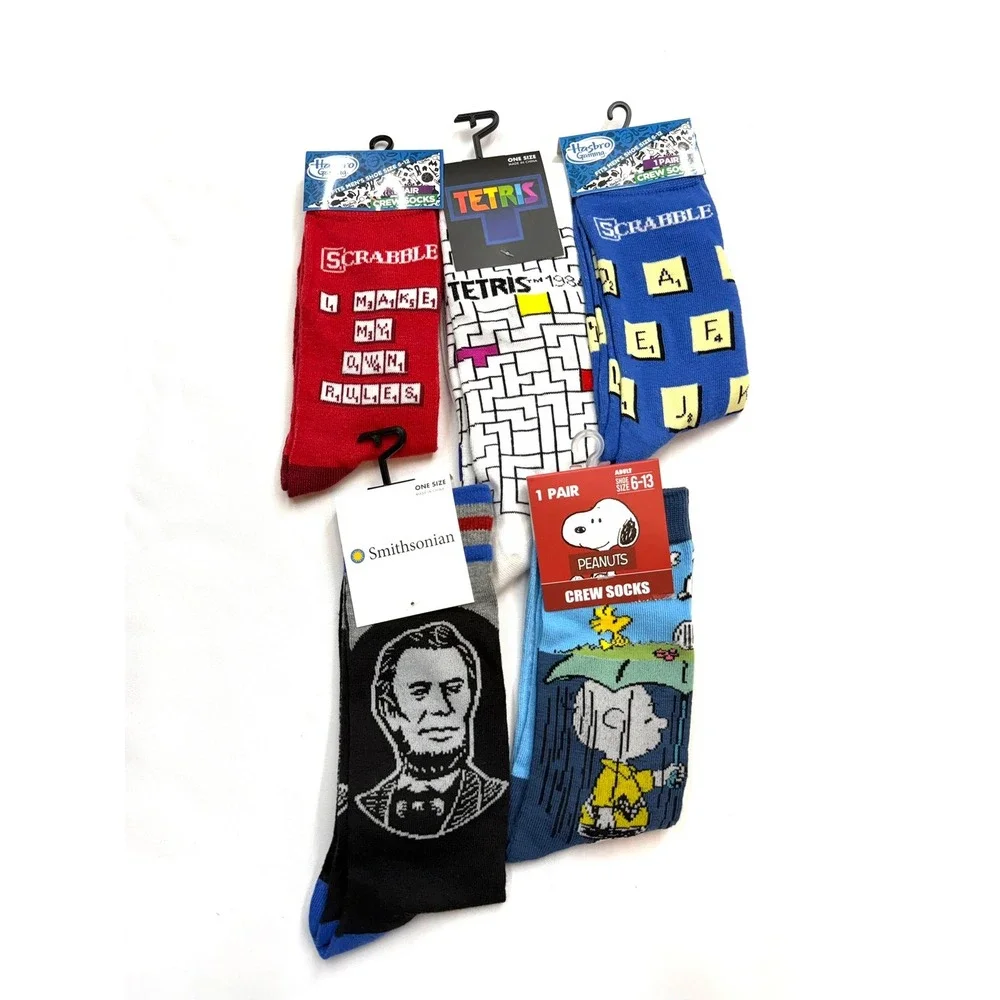 MISC Adult Unisex 5pc Crew Sock Bundle Lincoln Snoopy Scrabble Tetris CC12